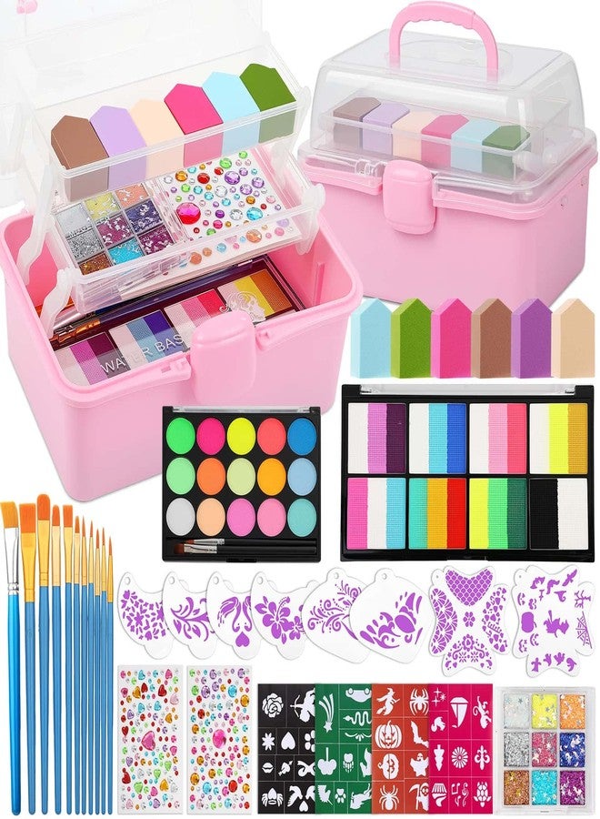 Caffox Kids Face Painting Kit with Organizer Box - Rainbow Color Non Toxic & Washable Face Paint Set with Stencils, Brush & Gems Kids Party Makeup for Halloween, Carnival & Costume - Image 1